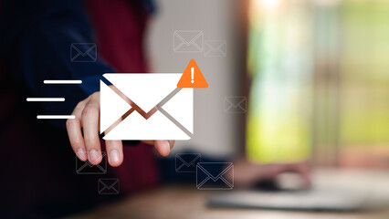 Email alert notification concept with digital envelope icon and hand interaction, ideal for phishing, spam, cybersecurity warning, or urgent message themes, Digital Notification ,Spam Detection