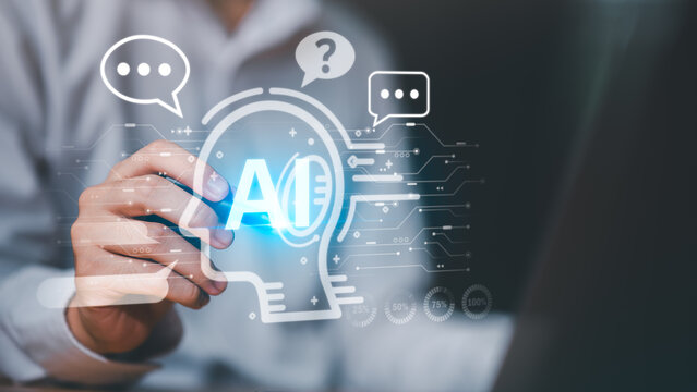 Artificial intelligence concept with digital brain and AI letters, speech bubble icons, and circuit board design, representing machine learning, chatbot communication, and smart technology innovation