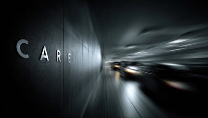 Motion-blurred cars speed through a dark, sleek tunnel; the word "CARE" is subtly embossed on a wall