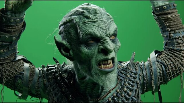 Creature with horns and fur costume standing on a green screen. Monster or demon character with scary expression on chroma key. Footage.