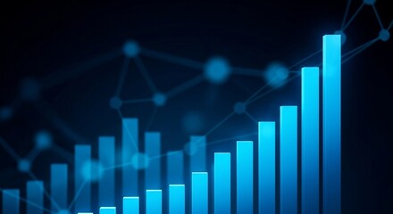 Ascending Blue Financial Bar Chart with a Glowing Digital Network Background.