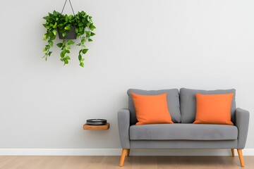 Modern minimalist sofa with orange pillows, gray wall interior, green indoor plant decor, simple scandinavian style living room, cozy home background with copy space