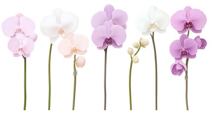 orchid flowers set, pastel pink petals, white background isolated, botanical collection stems, minimal floral arrangement, clean product cutout, soft natural look