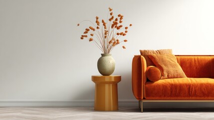Cozy living room corner with orange couch, beige vase, and dried floral arrangement