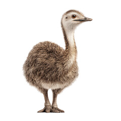 A young, fluffy flightless bird stands on thin legs against a black background.  Its plumage is predominantly brown and grey
