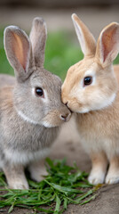Fototapeta premium Cute rabbits nuzzling each other in a playful garden setting