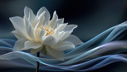 A luminous white lotus flower, delicately rendered,  sits elegantly atop flowing, ethereal blue and gray waves against a dark background