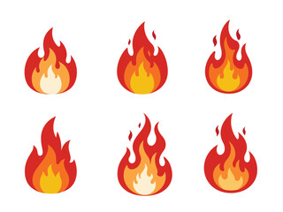 Six Cartoon Fire Flame Icons:  Red and Orange Variations