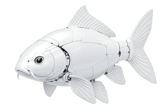 White mechanical fish with segmented armor fins and expressive eye shown on clean background for futuristic animal concept robotic pet design and aquatic technology illustration and sleek display