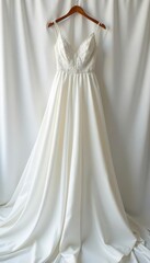 Elegant wedding dress draped over a white satin background, dress, fashion, wedding