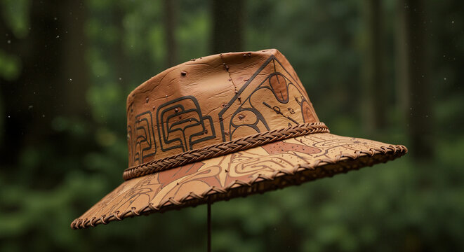 handwoven cedar bark hat with geometric patterns, traditional Pacific Northwest Indigenous craft  Traditional woven hat with intricate patterns displayed outdoors  
