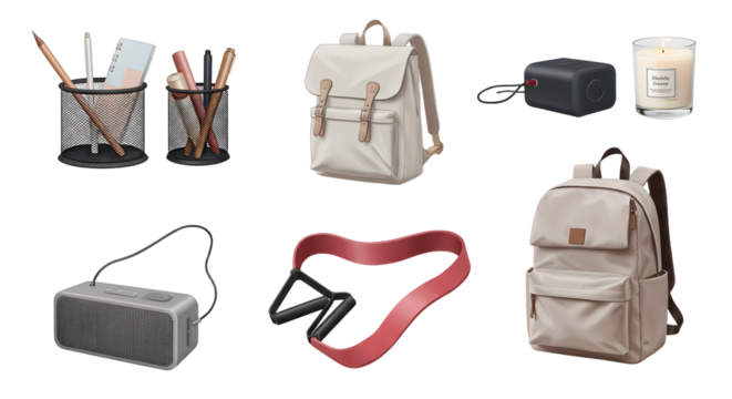 LIFESTYLE - Assortment of modern backpacks, portable speakers, pencil holders with pencils, a geometric photo frame, and a scented candle, isolated on white background