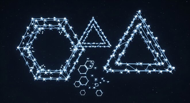 Luminous Geometric Constellations: Glowing Hexagons and Triangles in a Starry Void - Powered by Adobe