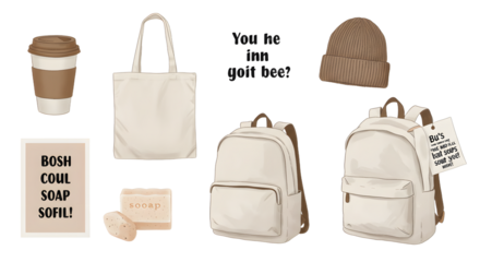 LIFESTYLE - Eco-friendly reusable tote bag, coffee cup, beige backpack, knitted beanie, natural soap bar set with paper packaging and promotional tags on white background