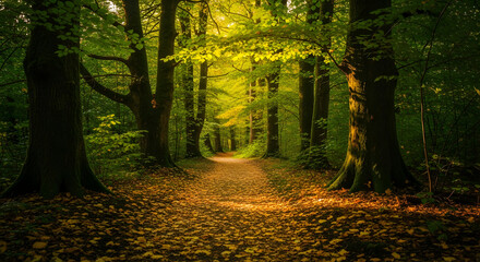 Obraz premium Autumn Forest Path with Golden Leaves and Sunlight Streaming Through Trees