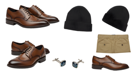 LIFESTYLE - Elegant brown leather men's dress shoes, black knit beanies, beige shorts, and blue cufflinks, stylish men's accessories and apparel flat lay on white background