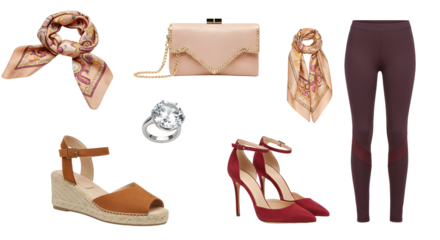 LIFESTYLE - Elegant fashion accessories and women's clothing including scarf, clutch bag, rings, wedge sandals, high heels, and stylish purple leggings