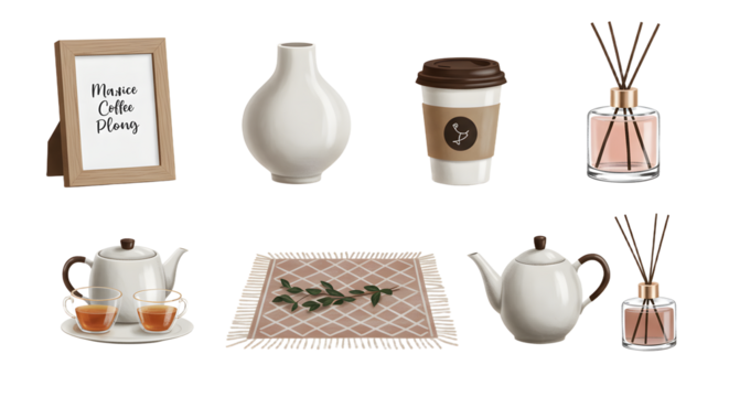 LIFESTYLE - Elegant home decor collection featuring minimalist vase, scented reed diffuser, ceramic teapot with cups, reusable coffee cup, and decorative framed quote on tablecloth - Powered by Adobe