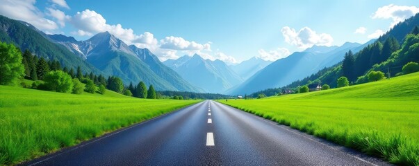 Naklejka premium Asphalt square cuts through vibrant green grass, majestic mountains under a clear blue sky , ecology, elevation