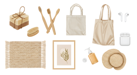 LIFESTYLE - Flat lay of natural-colored eco-friendly items including cotton bags, wicker hats, wooden cutlery, soap dispenser, gift box, and AirPods with case on white background