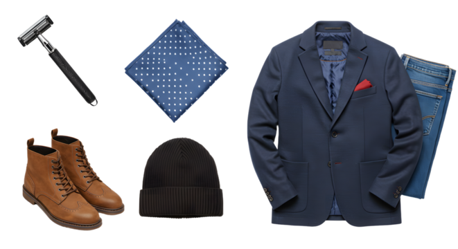 LIFESTYLE - Flat lay of men's fashion essentials including navy blazer, brown leather boots, jeans, black beanie, blue polka dot pocket square and shaving razor on white background