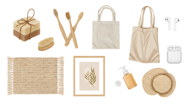 LIFESTYLE - Flat lay of natural-colored eco-friendly items including cotton bags, wicker hats, wooden cutlery, soap dispenser, gift box, and AirPods with case on white background