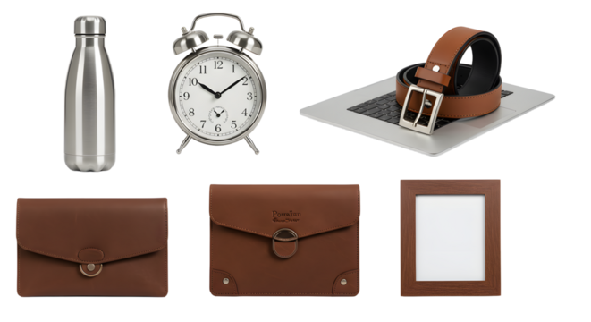 LIFESTYLE - Flat lay of stylish brown leather wallets, belt, white clock, stainless steel bottle and empty picture frame on white background - Powered by Adobe
