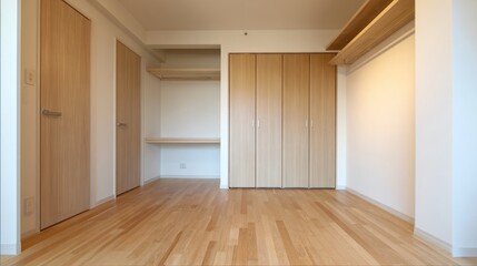Obraz premium Bright interior of an empty room with wooden floor, closets, and shelves