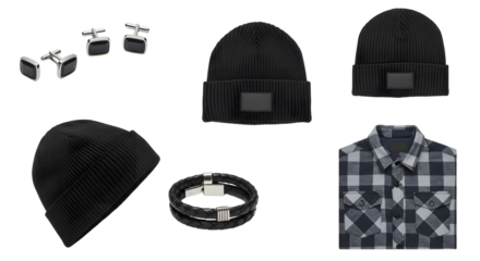 LIFESTYLE - Men's fashion accessories set with black beanies, cufflinks, bracelet, and checkered shirt for casual and stylish outfits