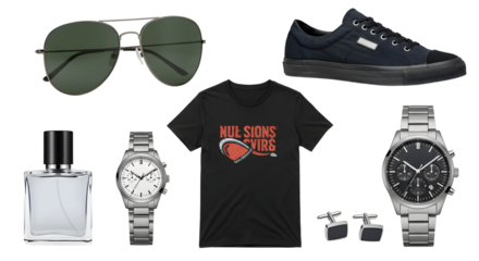 LIFESTYLE - Men's fashion essentials with black sunglasses, navy sneakers, wristwatches, cologne, t-shirt, and cufflinks on white background