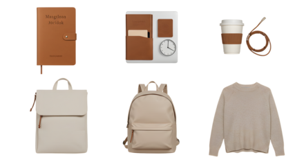 LIFESTYLE - Minimalist beige and brown daily essentials including backpack, planner, notebook, coffee cup, pencil, and sweater neatly arranged on white background