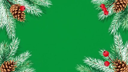 Green screen border frame with pine branches, pine cones, and red berries for animation and chroma key - Powered by Adobe