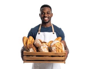 A man is holding a basket of bread and smiling