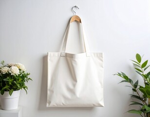A white canvas bag is hanging on a hook