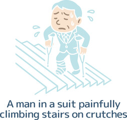 苦労して階段を上がる松葉杖をついている男性（主線なし）
A man on crutches struggling to climb stairs (no main line)