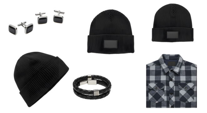 LIFESTYLE - Men's fashion accessories set with black beanies, cufflinks, bracelet, and checkered shirt for casual and stylish outfits