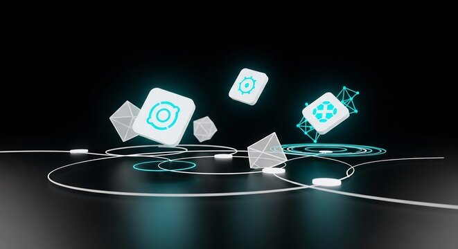 Luminous Tech Icons and Crystalline Polyhedra in a 3D Digital Network