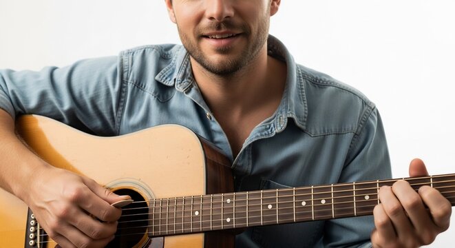 Melody Maker: A smiling man strumming an acoustic guitar, his fingers skillfully navigating the fretboard, creating a harmonious sound.