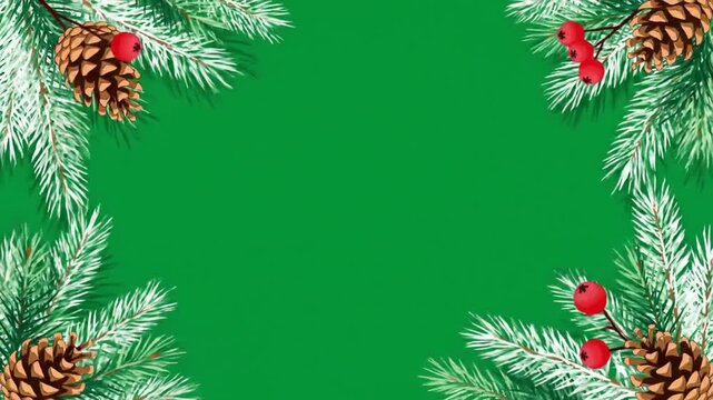 Green screen border frame with pine branches, pine cones, and red berries for animation and chroma key