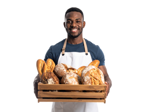 A man is holding a basket of bread and smiling