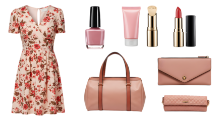 LIFESTYLE - Pink floral dress with coordinating pink handbag, clutch, makeup bag, nail polish, lipsticks, and face cream set for feminine fashion and beauty accessories