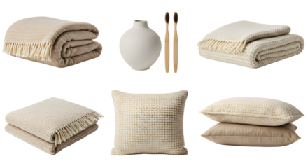 LIFESTYLE - Set of cozy beige home textiles including blankets, pillows, and decorative items for comfortable and stylish interior decor