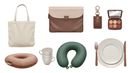 LIFESTYLE - Set of travel and dining accessories including tote bag, clutch, key holder, makeup palette, inflatable neck pillow, ceramic cups, travel pillow, and plate with cutlery in neutral tones