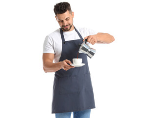 shot of a barista pouring coffee from a moka pot into a cup white background