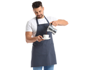 shot of a barista pouring coffee from a moka pot into a cup white background