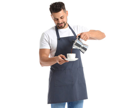 shot of a barista pouring coffee from a moka pot into a cup white background - Powered by Adobe