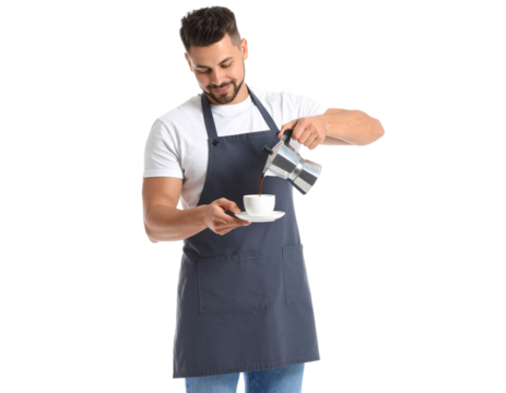 shot of a barista pouring coffee from a moka pot into a cup white background