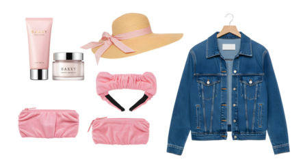LIFESTYLE - Summer beach essentials collection with pink bikini, sunscreen, moisturizer, wide-brim hat, headband, and denim jacket on white background