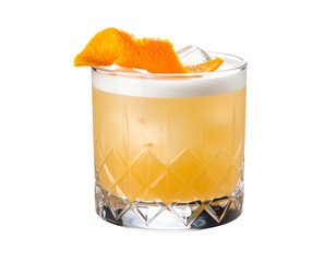 Whiskey Sour in lowball glass with orange peel twist white background