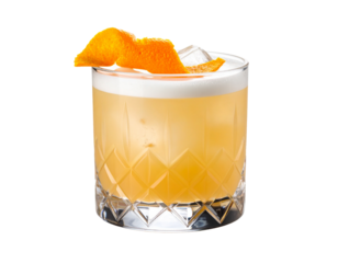 Whiskey Sour in lowball glass with orange peel twist white background